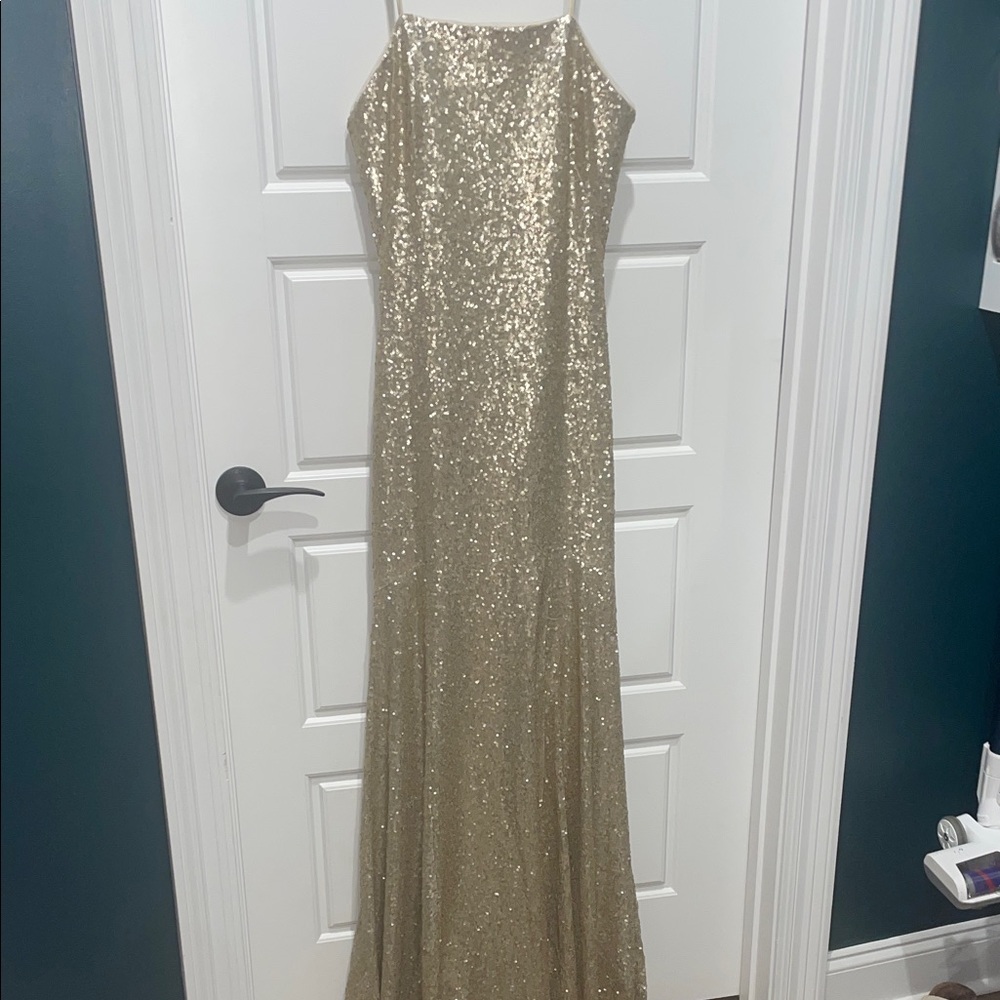 Theia Gigi Matte Gold strapless Sequin bridesmaid dress